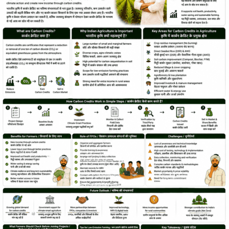 Future of carbon credits in Indian agriculture explained for farmers and FPOs with soil carbon, crop residue management, DSR, agroforestry, MRV, climate finance and carbon market opportunities