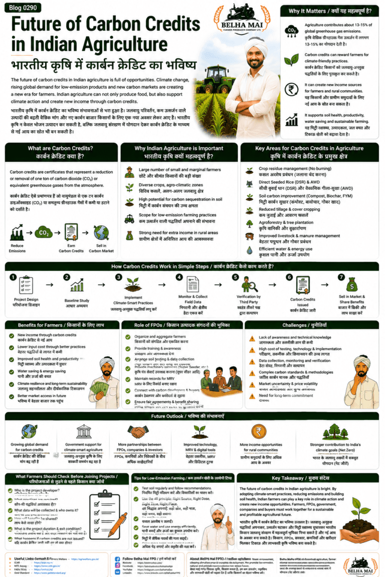 Future of carbon credits in Indian agriculture explained for farmers and FPOs with soil carbon, crop residue management, DSR, agroforestry, MRV, climate finance and carbon market opportunities